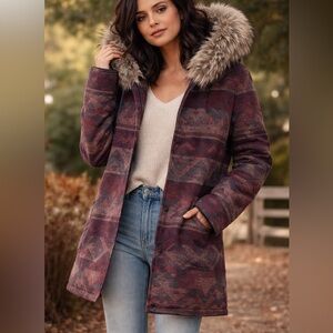 BB Dakota boho-inspired patterned coat with faux fur trimmed hood 🤎 MEDIUM